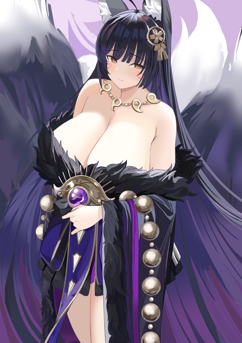 1girl, absurdres, animal_ear_fluff, animal_ears, azur_lane, bare_shoulders, black_hair, breasts