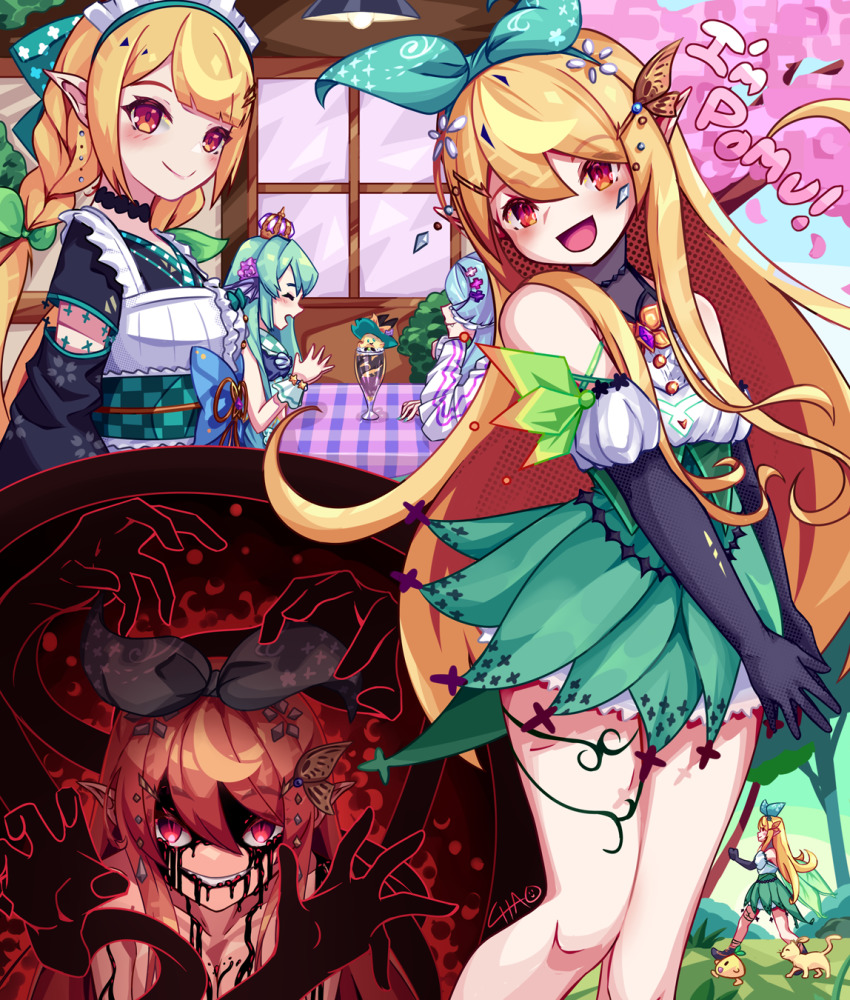 3girls, alternate_costume, artist_name, aura, bare_shoulders, blonde_hair, blush, bow, butterfly_hair_ornament, cameo, chaoschao, cherry_blossoms, clenched_hands, closed_eyes, commentary, curly_hair, elbow_gloves, elira_pendora, elira_pendora_(1st_costume), english_text, fairy, fairy_wings, fang, finana_ryugu, finana_ryugu_(1st_costume), food, forest, gloves, green_ribbon, hair_bow, hair_ornament, highres, lazulight, liquid, long_hair, looking_at_viewer, maid, maid_cafe, maid_headdress, millie_parfait, multiple_girls, multiple_hands, nature, nijisanji, nijisanji_en, open_mouth, orange_eyes, own_hands_clasped, own_hands_together, parfait, polka_dot, polka_dot_background, pomu_rainpuff, pomu_rainpuff_(1st_costume), pomu_rainpuff_(2nd_costume), pomudachi_(pomu_rainpuff), pomusuke_(pomu_rainpuff), red_eyes, ribbon, shadow_hands, slit_pupils, smile, thighs, variations, virtual_youtuber, walking, wings