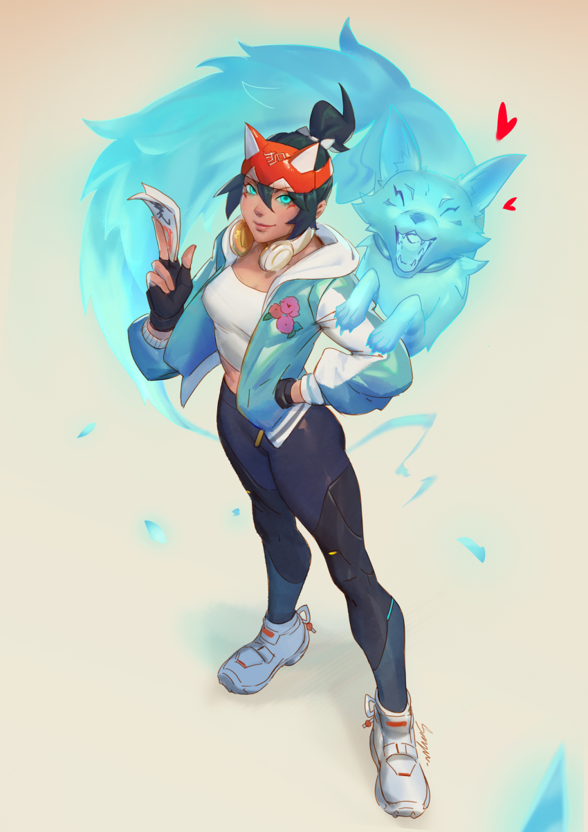 absurdres, alternate_costume, black_gloves, black_leggings, crop_top, fingerless_gloves, fox, fox_mask