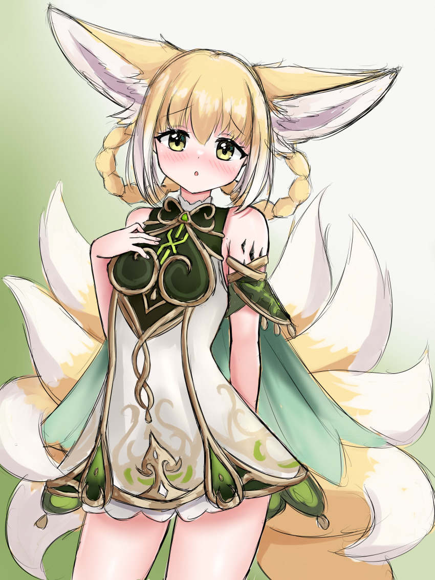 1girl, :o, absurdres, animal_ear_fluff, animal_ears, arknights, bare_shoulders, blonde_hair
