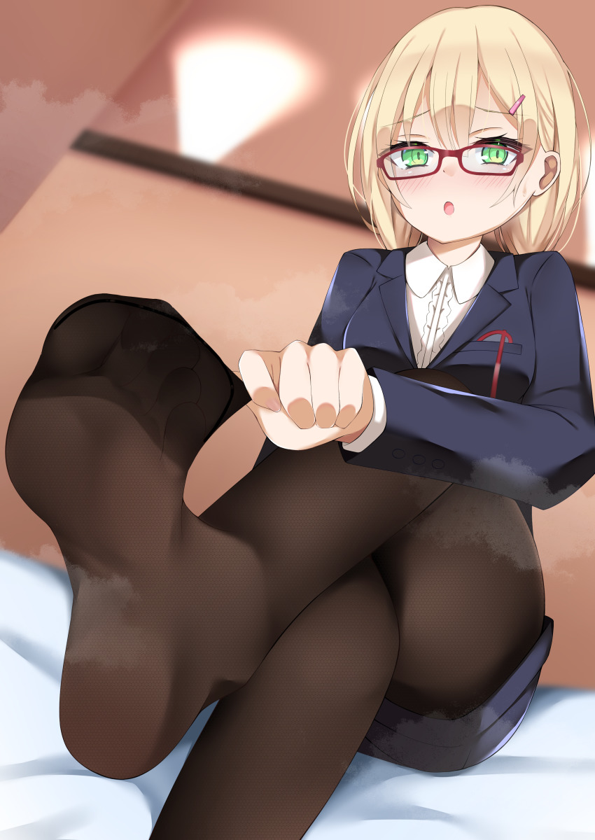 1girl, absurdres, blonde_hair, clothes_pull, crossed_legs, feet, foot_focus, glasses, green_eyes, highres, jamie_hazaford, looking_at_viewer, open_mouth, pantyhose, pantyhose_pull, shirogane_no_ishi_argevollen, soles, steam, toes