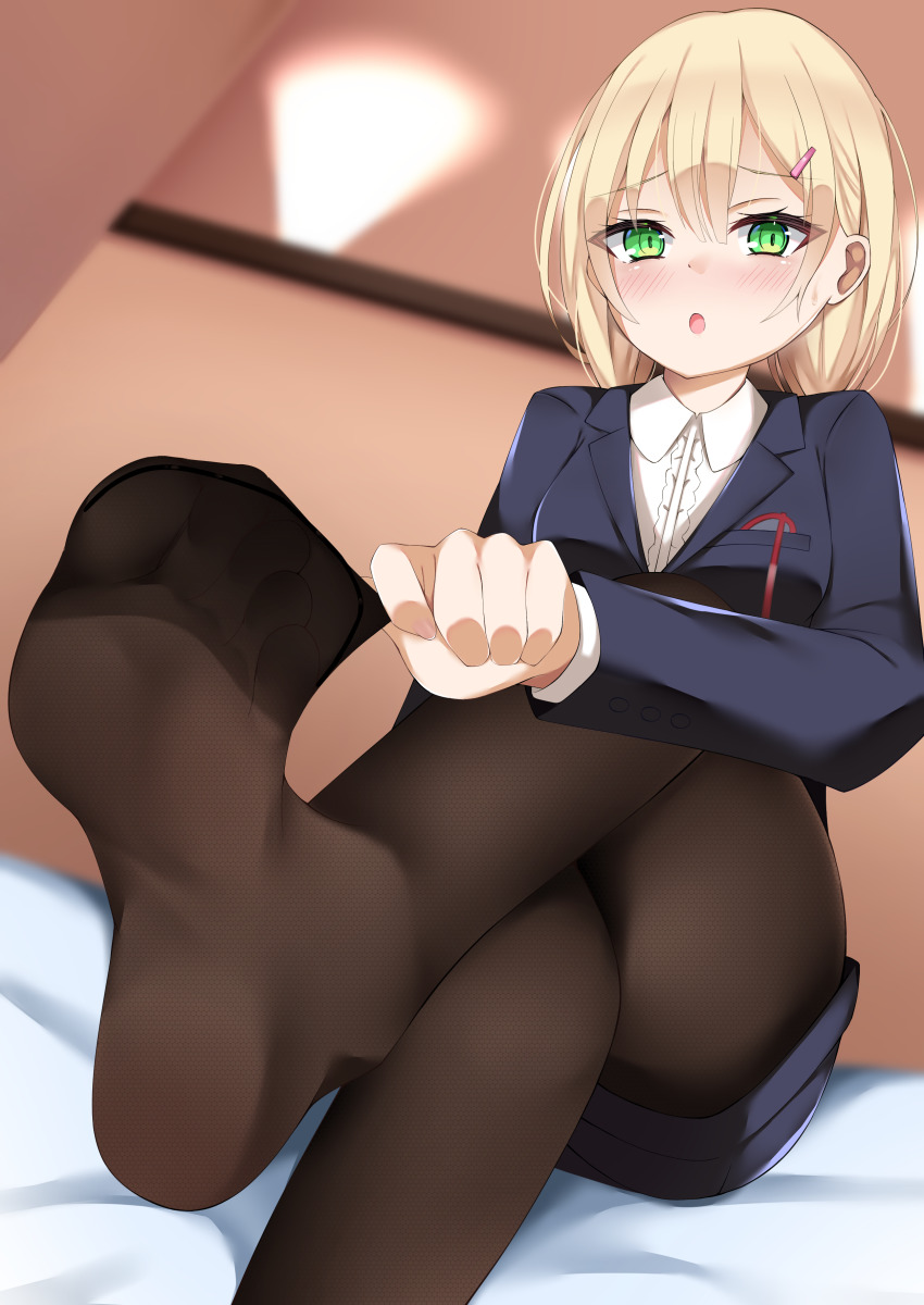 1girl, absurdres, blonde_hair, clothes_pull, crossed_legs, feet, green_eyes, highres
