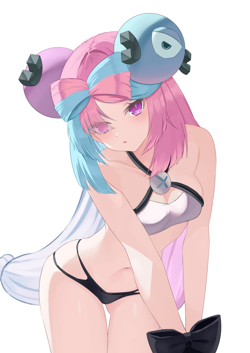 1girl, :o, absurdres, bare_arms, bare_shoulders, bikini, black_bikini, black_bow, blue_hair, bow, bow-shaped_hair, breasts, character_hair_ornament, cleavage, collarbone, commentary_request, eyes_visible_through_hair, gluteal_fold, hair_ornament, hair_over_one_eye, halterneck, head_tilt, highres, iono_(pokemon), jiang_ye_kiri, leaning_forward, long_hair, looking_at_viewer, multicolored_hair, navel, nintendo, parted_lips, pink_hair, pokemon, pokemon_scarlet_and_violet, purple_eyes, simple_background, small_breasts, solo, swimsuit, two-tone_hair, very_long_hair, white_background, white_bikini