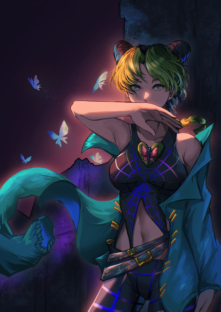 1girl, absurdres, bare_shoulders, belt, black_pants, black_shirt, blue_butterfly, blue_jacket