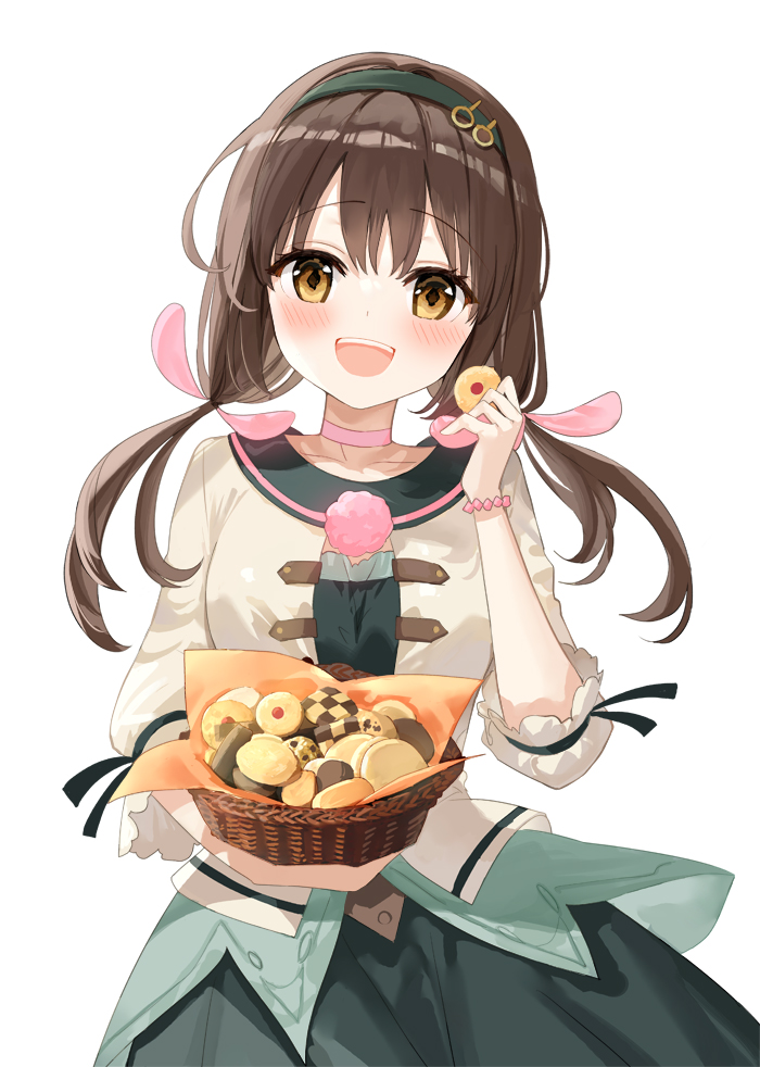 1girl, basket, black_hairband, blush, brown_eyes, brown_hair, choker, cookie, dress, facing_viewer, food, fuumi_(radial_engine), hairband, holding, long_hair, long_sleeves, looking_at_viewer, lorea_(shinmai_renkinjutsushi), open_mouth, pink_choker, shinmai_renkinjutsushi_no_tenpo_keiei, smile, solo, teeth, twintails, upper_teeth_only, white_background