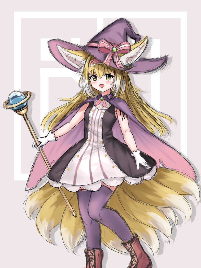 1girl, :d, absurdres, animal_ear_fluff, animal_ears, arknights, black_dress, blonde_hair