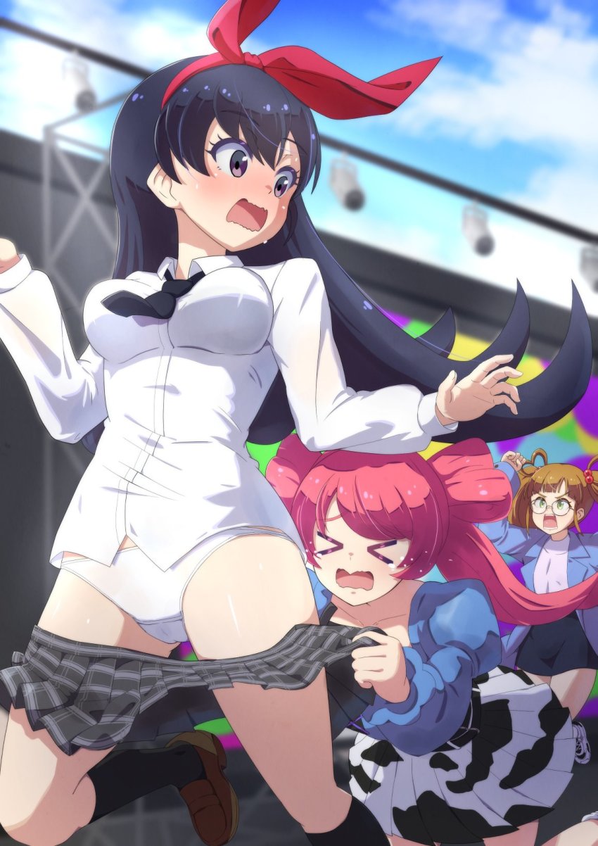 >_<, 3girls, angry, assisted_exposure, black_hair, black_skirt, black_socks, blunt_bangs, blush, breasts, cameltoe, clothes_pull, collarbone, collared_shirt, glasses, grey_skirt, gula_(magicami), hair_ornament, hair_ribbon, highres, ira_(magicami), kyoumu_(mgcmkyomu), loafers, long_hair, long_sleeves, looking_back, magicami, medium_breasts, miniskirt, multiple_girls, necktie, oikawa_iko, open_mouth, orange_hair, panties, pantsing, pink_hair, pleated_skirt, purple_eyes, ribbon, school_uniform, shirt, shoes, sidelocks, skirt, skirt_pull, socks, stage, surprised, tears, twintails, underwear, white_panties, white_shirt