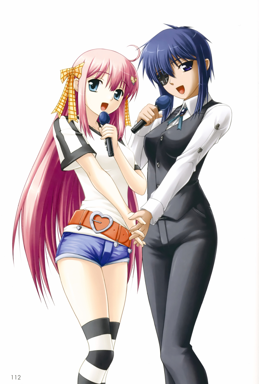 00s, absurdres, belt, denim, denim_shorts, eyepatch, highres, holding_hands