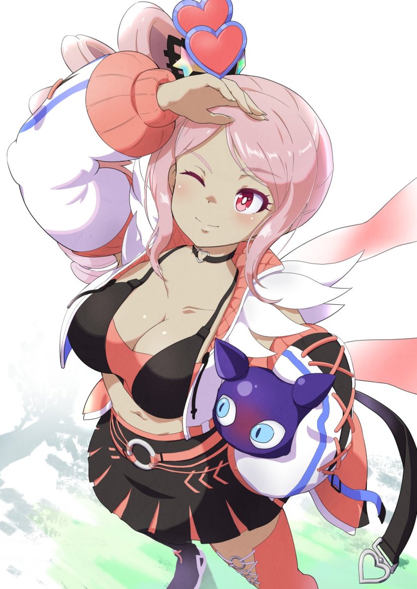 1girl, 1other, belt, black_skirt, breasts, cleavage, collar, collarbone, dark_skin, drill_hair, hand_up, highres, holding, jacket, kyoumu_(mgcmkyomu), large_breasts, long_hair, looking_up, magical_girl, magicami, miniskirt, navel, omnis_(magicami), pink_hair, red_eyes, shoes, sidelocks, skirt, smile, sneakers, sports_bra, thighhighs, white_jacket, yarimizu_lilly