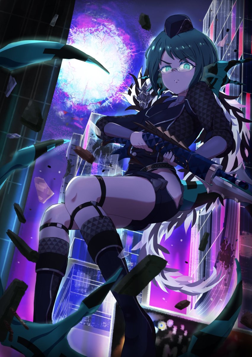 1girl, animal_ears, aqua_eyes, aqua_hair, blazer, boots, city, garter_straps