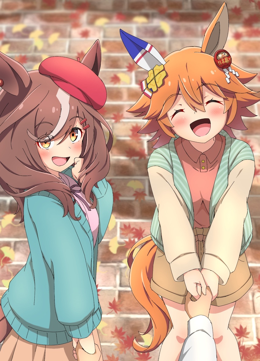 animal_ears, beret, blush, brown_hair, casual, closed_eyes, commentary_request, ears_through_headwear