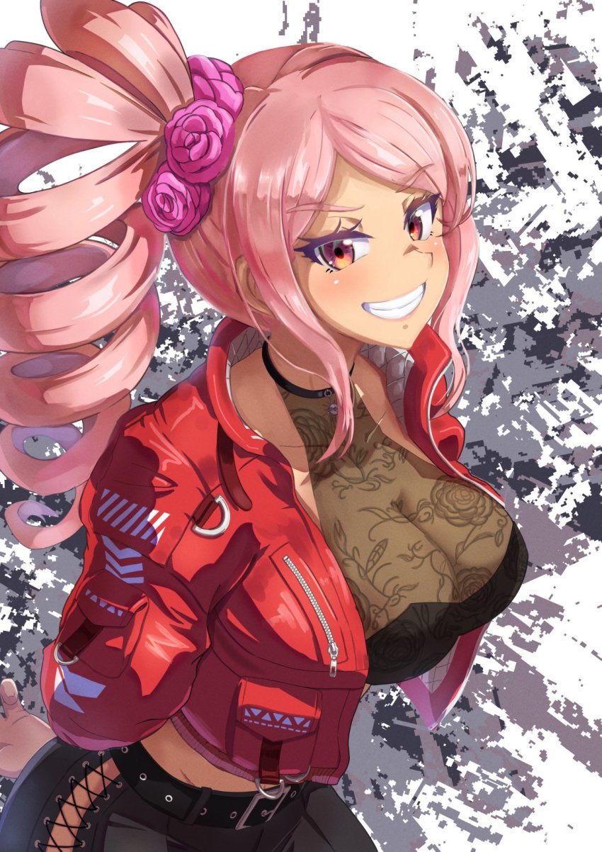 1girl, arms_behind_back, belt, black_pants, blush, breasts, cleavage, drill_hair