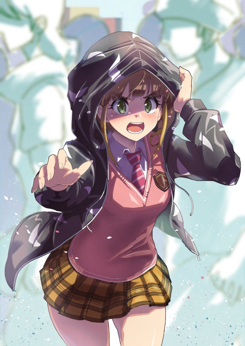 1girl, angry, black_hoodie, blonde_hair, blunt_bangs, blush, breasts, collared_shirt