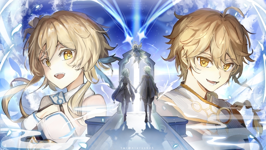 1boy, 2girls, aether_(genshin_impact), ahoge, bare_shoulders, blonde_hair, cape, capelet