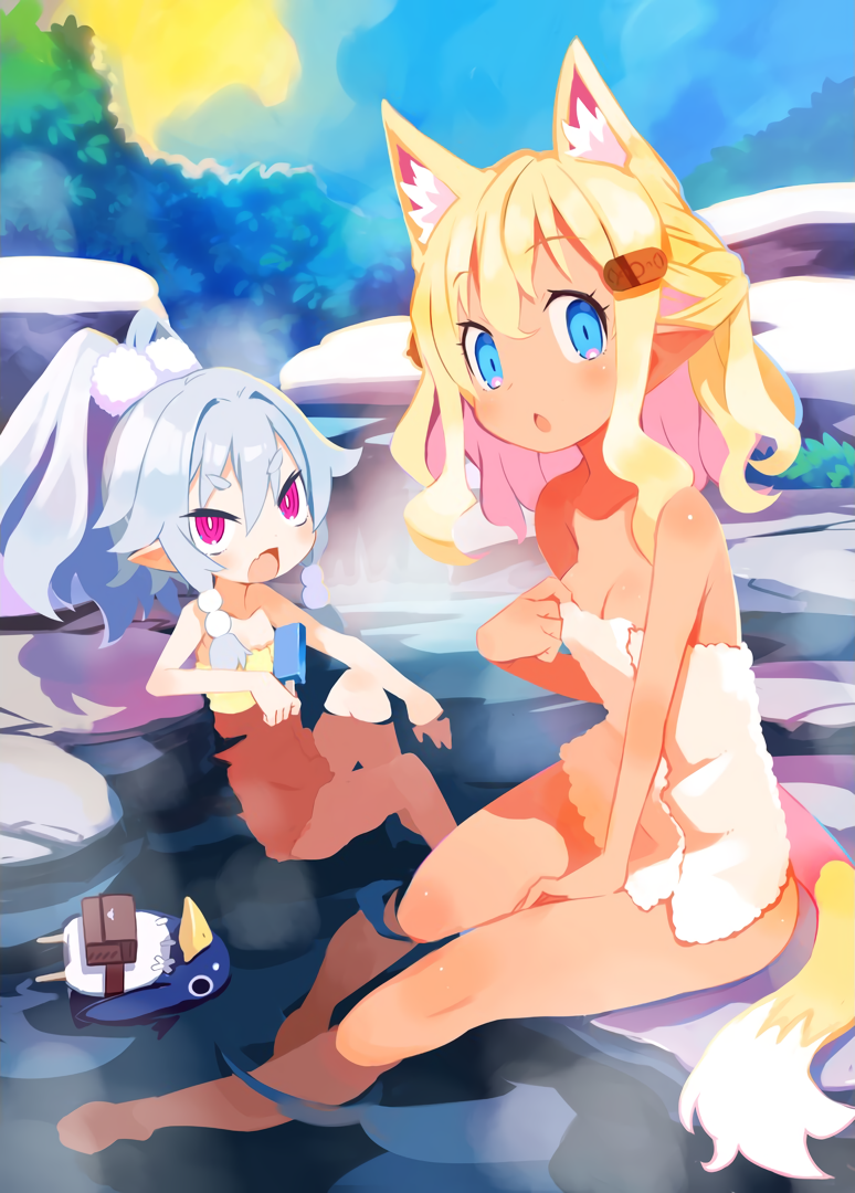2girls, animal_ear_fluff, animal_ears, ao_(disgaea), barefoot, blonde_hair, blue_eyes, breasts, bright_pupils, chestnut_mouth, day, disgaea, dog_ears, dog_girl, dog_tail, fang, flat_chest, food, hair_ornament, hairclip, harada_takehito, high_ponytail, holding, holding_food, long_hair, looking_at_viewer, makai_senki_disgaea_7, multiple_girls, naked_towel, official_art, onse, onsen, open_mouth, outdoors, partially_submerged, photoshop_(medium), pink_hair, pirilika_(disgaea), pointy_ears, pom_pom_(clothes), pom_pom_hair_ornament, ponytail, popsicle, prinny, sitting, skin_fang, small_breasts, tail, thick_eyebrows, towel, water, white_hair