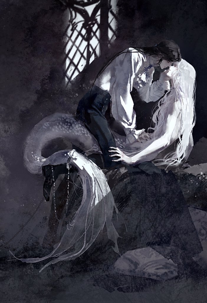 2boys, anu_yu, bed, black_footwear, black_hair, black_nails, black_pants, blanket, character_request, closed_eyes, closed_mouth, facing_another, fins, full_body, grabbing_another's_chin, grey_scales, hand_on_another's_chin, high-waist_pants, imminent_kiss, indoors, jewelry, jinguang_budaixi, leaning_forward, long_hair, long_sleeves, male_focus, mermaid, merman, monster_boy, monster_girl, monsterification, multiple_boys, muted_color, nail_polish, neck_ring, nipple_piercing, on_bed, pants, piercing, pillow, pleated_sleeves, puffy_long_sleeves, puffy_sleeves, scales, shen_gu_wen_huang, shirt, sitting, sitting_on_person, sleeves_past_wrists, straddling, tail, tail_ornament, tail_piercing, white_hair, white_shirt, window, yaoi