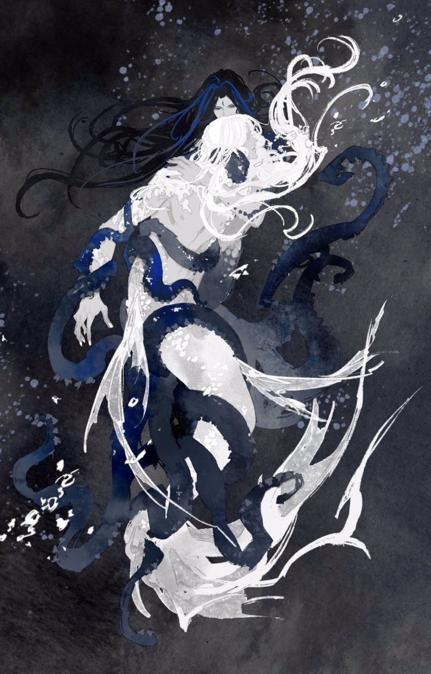 2boys, air_bubble, anu_yu, black_background, black_hair, blue_eyes, blue_hair, blue_nails