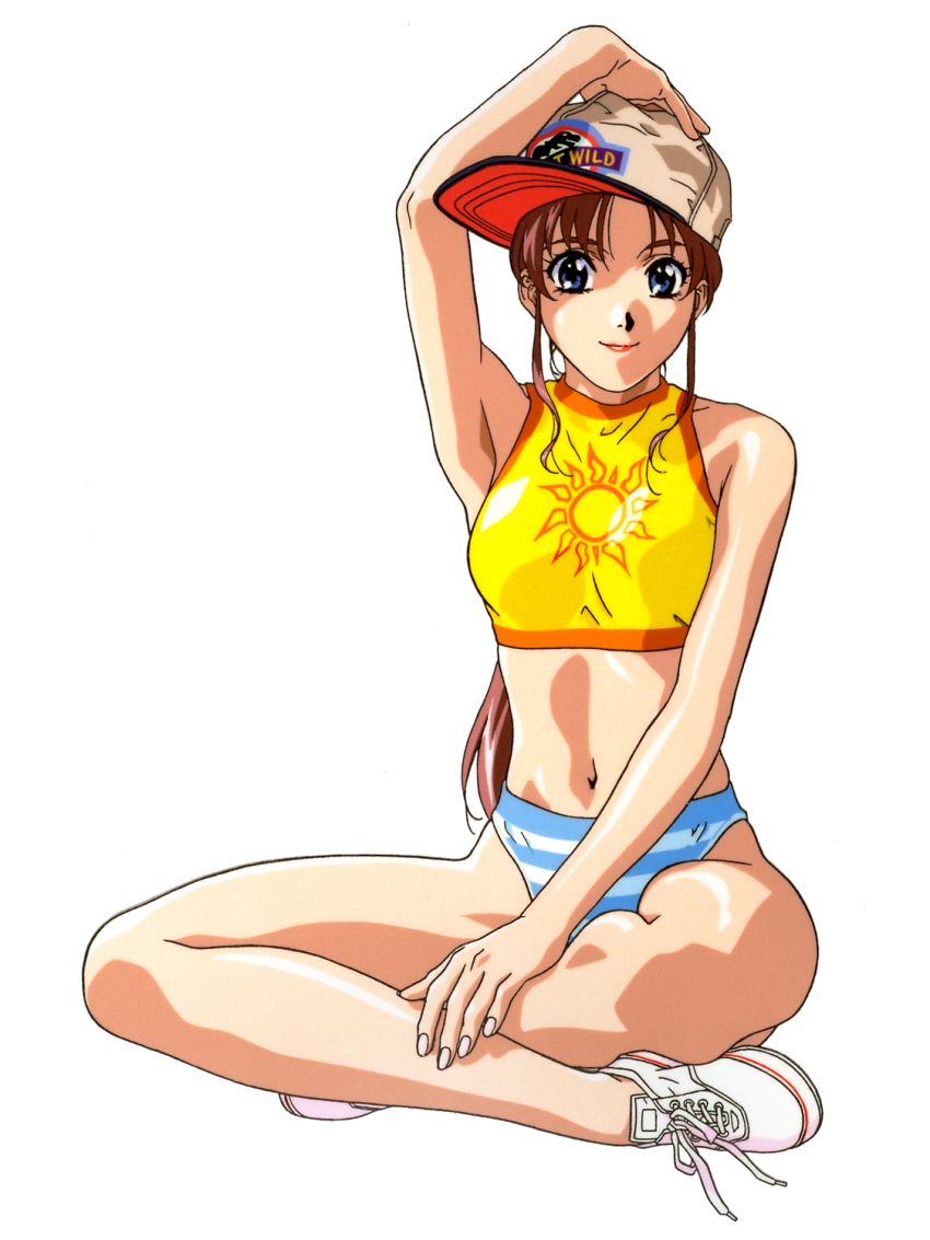 1girl, arm_up, baseball_cap, blue_eyes, brown_hair, crossed_legs, full_body, hat, highres, indian_style, lipstick, long_hair, looking_at_viewer, makeup, navel, no_socks, original, panties, red_lips, shoes, simple_background, sitting, smile, sneakers, solo, striped_clothes, striped_panties, sun_print, underwear, white_background, yamada_masaki, yoshino_tomomi_(seigra), zenkoku_seifuku_bishoujo_grand_prix