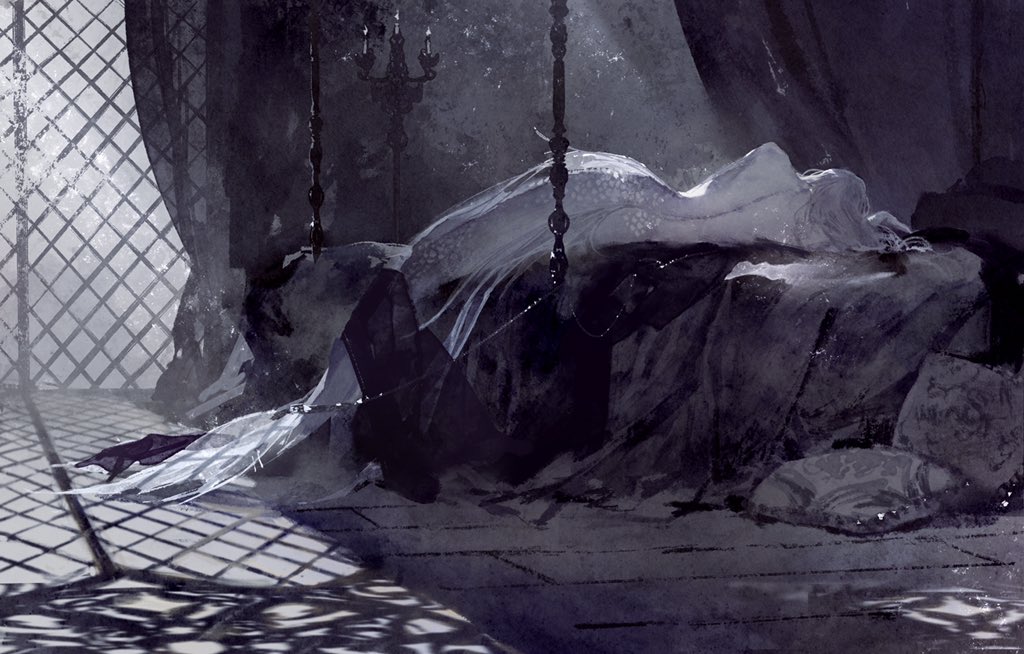 1boy, anu_yu, bed, blanket, candlestand, canopy_bed, character_request, fins