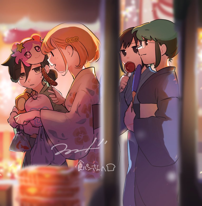 4girls, alternate_hairstyle, bag, bagged_fish, bags_under_eyes, black_hair, blonde_hair, blurry