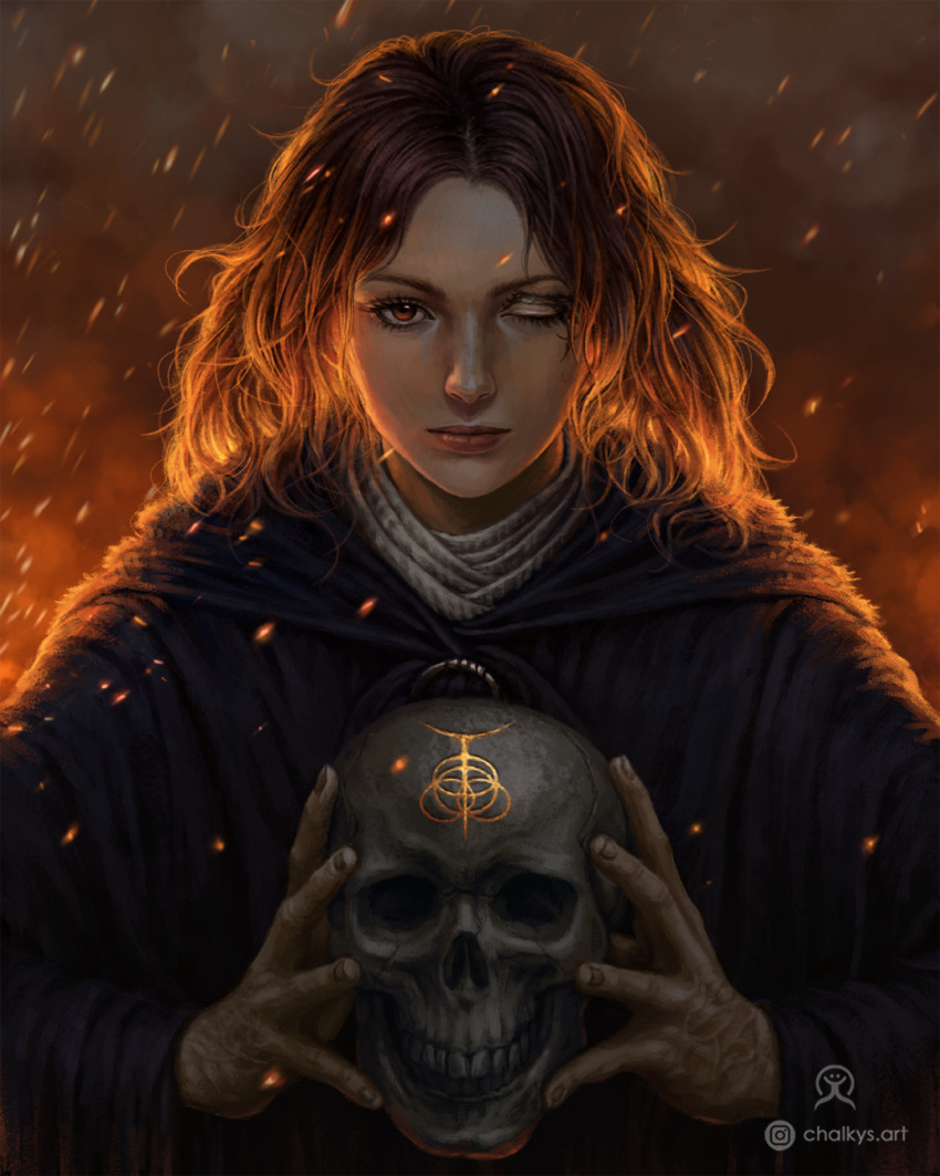 1girl, chalky_nan, cloak, elden_ring, embers, expressionless, highres, holding, holding_skull, instagram_username, melina_(elden_ring), one_eye_closed, realistic, red_eyes, red_hair, skull, solo, upper_body, veins, watermark