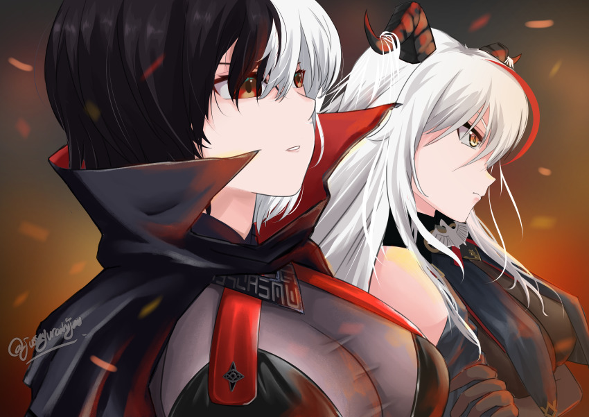 2girls, absurdres, aegir_(azur_lane), armored_gloves, azur_lane, black_capelet, black_gloves, black_hair, bodystocking, breast_curtains, breasts, bruenhilde_(azur_lane), capelet, collared_capelet, demon_horns, elbow_gloves, gloves, hair_between_eyes, high_collar, highres, horns, jussayuranhijau, large_breasts, long_hair, multicolored_hair, multiple_girls, red_hair, split-color_hair, streaked_hair, taut_clothes, two-tone_hair, upper_body, white_hair, yellow_eyes