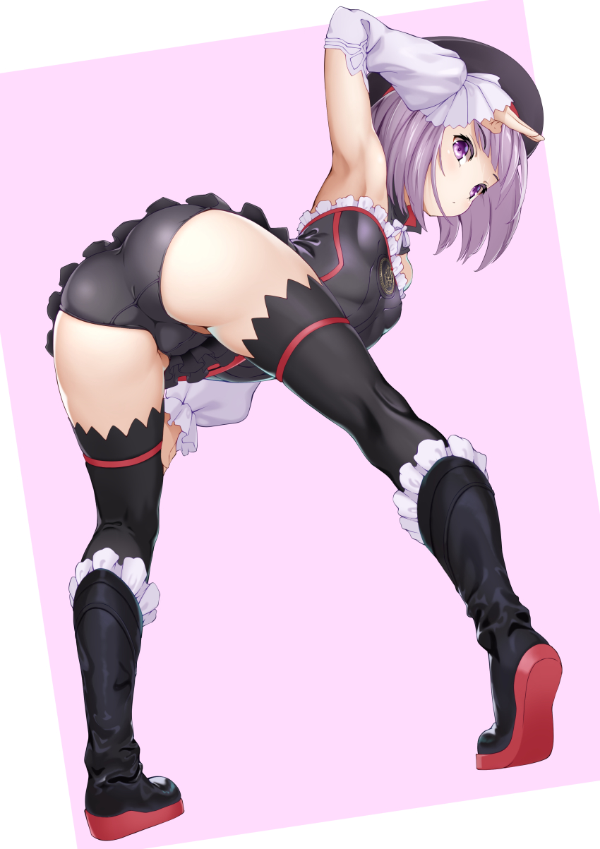 1girl, absurdres, arm_up, armpits, ass, bare_shoulders, bent_over, beret, black_boots, black_dress, black_hat, black_panties, black_thighhighs, boots, breasts, detached_collar, detached_sleeves, dress, fate/grand_order, fate_(series), full_body, hat, helena_blavatsky_(fate), highres, knee_boots, long_sleeves, looking_at_viewer, looking_back, panties, purple_eyes, purple_hair, short_dress, short_hair, small_breasts, thighhighs, underwear, yamachi_(xadp7533)