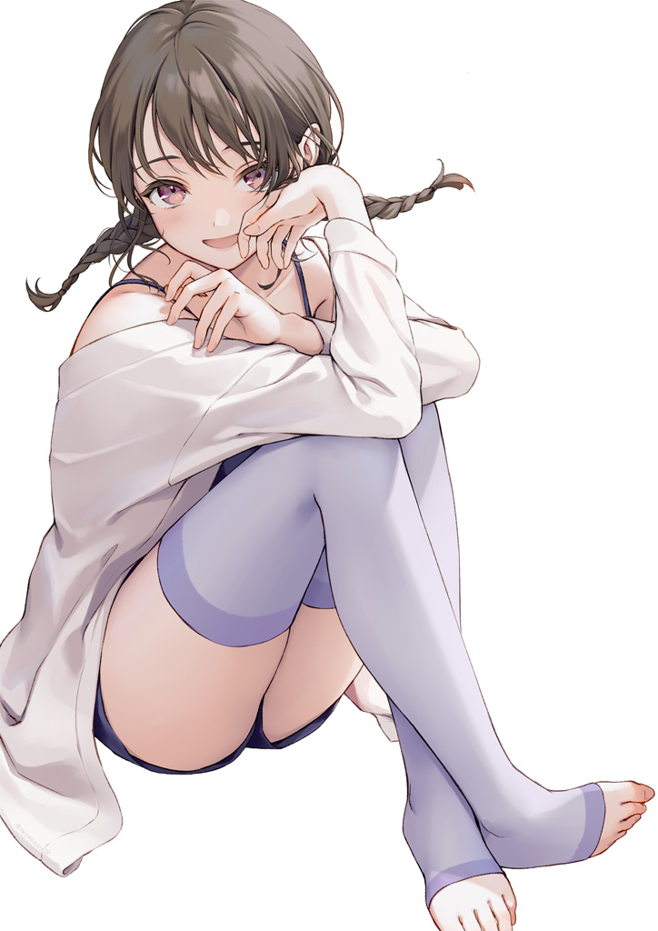 1girl, :d, bare_shoulders, blush, braid, brown_hair, commentary_request, crossed_ankles