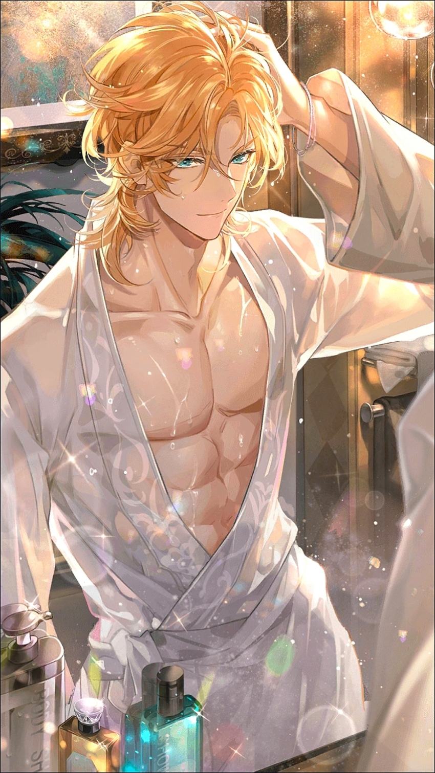 1boy, abs, aqua_eyes, bathrobe, blonde_hair, bottle, bracelet, cowboy_shot, door, hand_on_own_head, highres, jewelry, lars_rorschach, lens_flare, looking_at_mirror, lovebrush_chronicles, male_focus, mirror, parted_bangs, perfume_bottle, picture_frame, plant, reflection, short_hair, smile, solo, sparkle, toned, toned_male, towel, wet, zhenzhibang149
