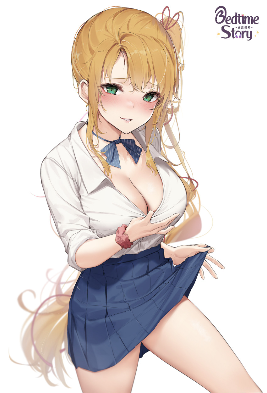 1girl, absurdres, alternate_skirt_length, blonde_hair, blue_ribbon, blue_skirt, blush, breasts, cleavage, clothes_lift, clothes_pull, cowboy_shot, green_eyes, highres, large_breasts, lifting_own_clothes, long_hair, looking_at_viewer, neck_ribbon, original, parted_lips, pleated_skirt, pulling_own_clothes, ribbon, school_uniform, scrunchie, shirt_pull, side_ponytail, sidelocks, simple_background, skirt, sleeves_rolled_up, smile, solo, very_long_hair, wet.elephant, white_background, wrist_scrunchie