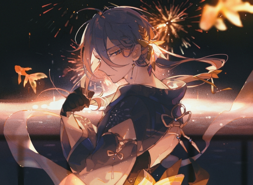 1boy, blue_kimono, crossdressing, crossdressing_(mtf), earrings, edmond_(nu_carnival), edmond_(sweet_aroma)_(nu_carnival), fireworks