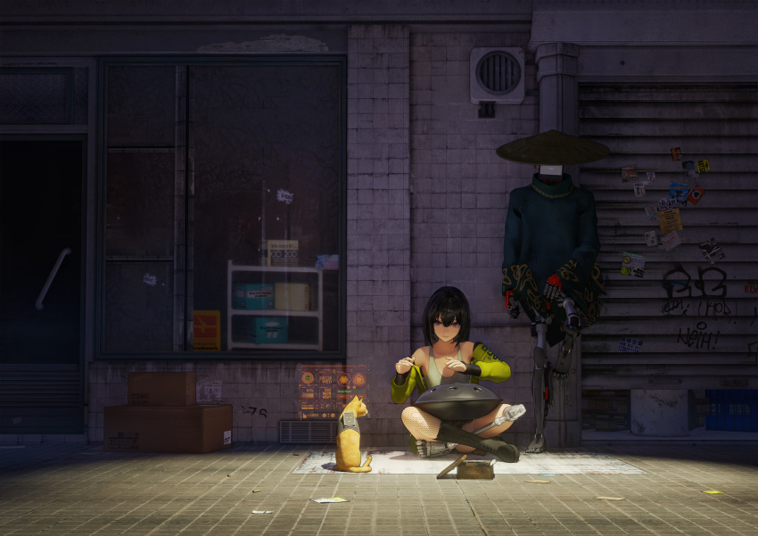 1girl, black_hair, boots, box, building, cat, cyborg, donation_box