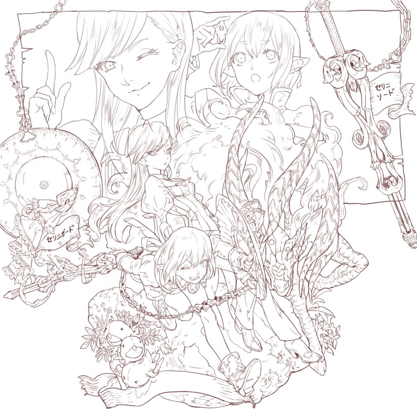 2girls, :o, ;3, borrowed_character, clenched_teeth, earrings, fantasy, hair_behind_ear