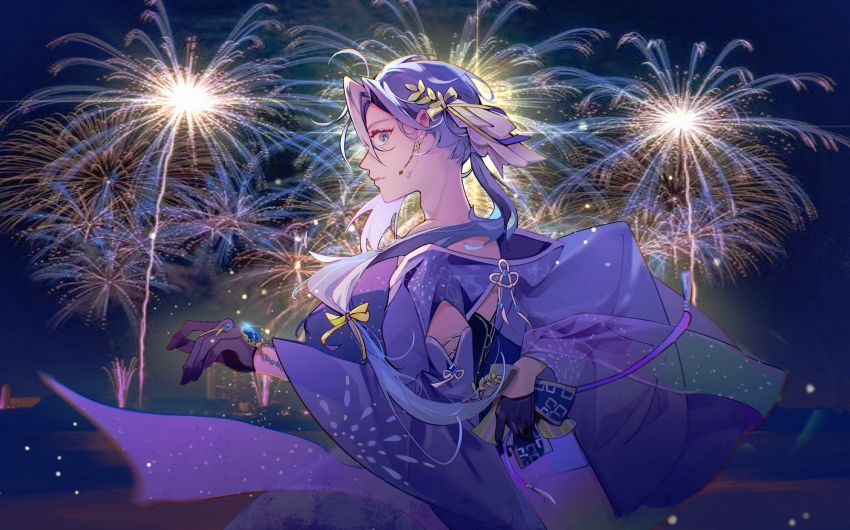 1boy, absurdres, blue_kimono, crossdressing, crossdressing_(mtf), earrings, edmond_(nu_carnival), edmond_(sweet_aroma)_(nu_carnival)