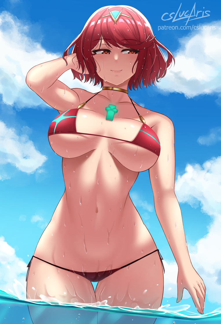 1girl, adjusting_hair, amile, bikini, breasts, cleavage, cslucaris, large_breasts, looking_to_the_side, partially_submerged, pyra_(xenoblade), red_eyes, red_hair, smile, solo, swept_bangs, swimsuit, underboob
