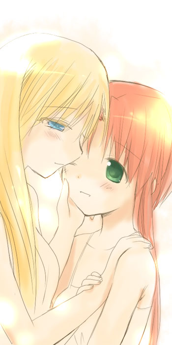 00s, 2girls, alicia_florence, aria_(manga), blonde_hair, blue_eyes, green_eyes, kayune_niu