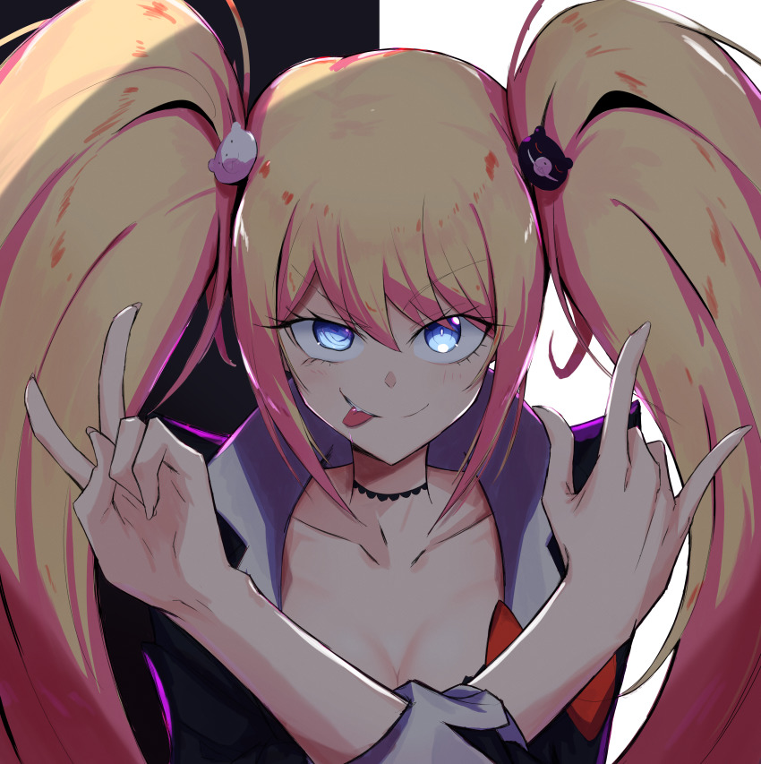 1girl, :p, \m/, absurdres, bear_hair_ornament, black_background, black_choker, black_shirt