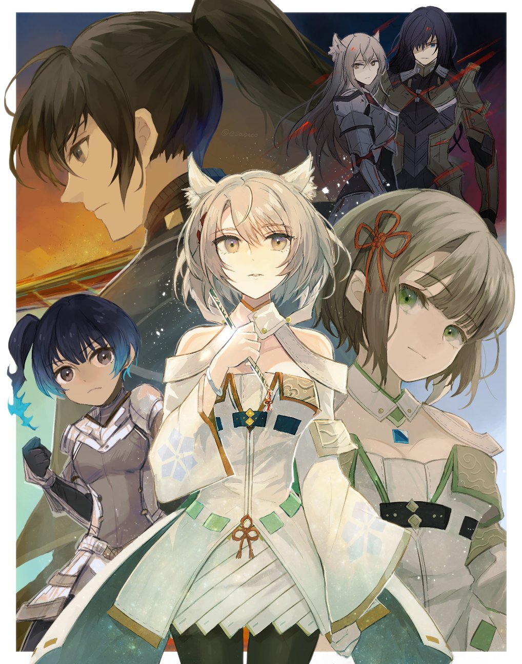 agnus_female_off-seer_uniform, animal_ears, cat_ears, chest_jewel, flute, highres, instrument, jacket