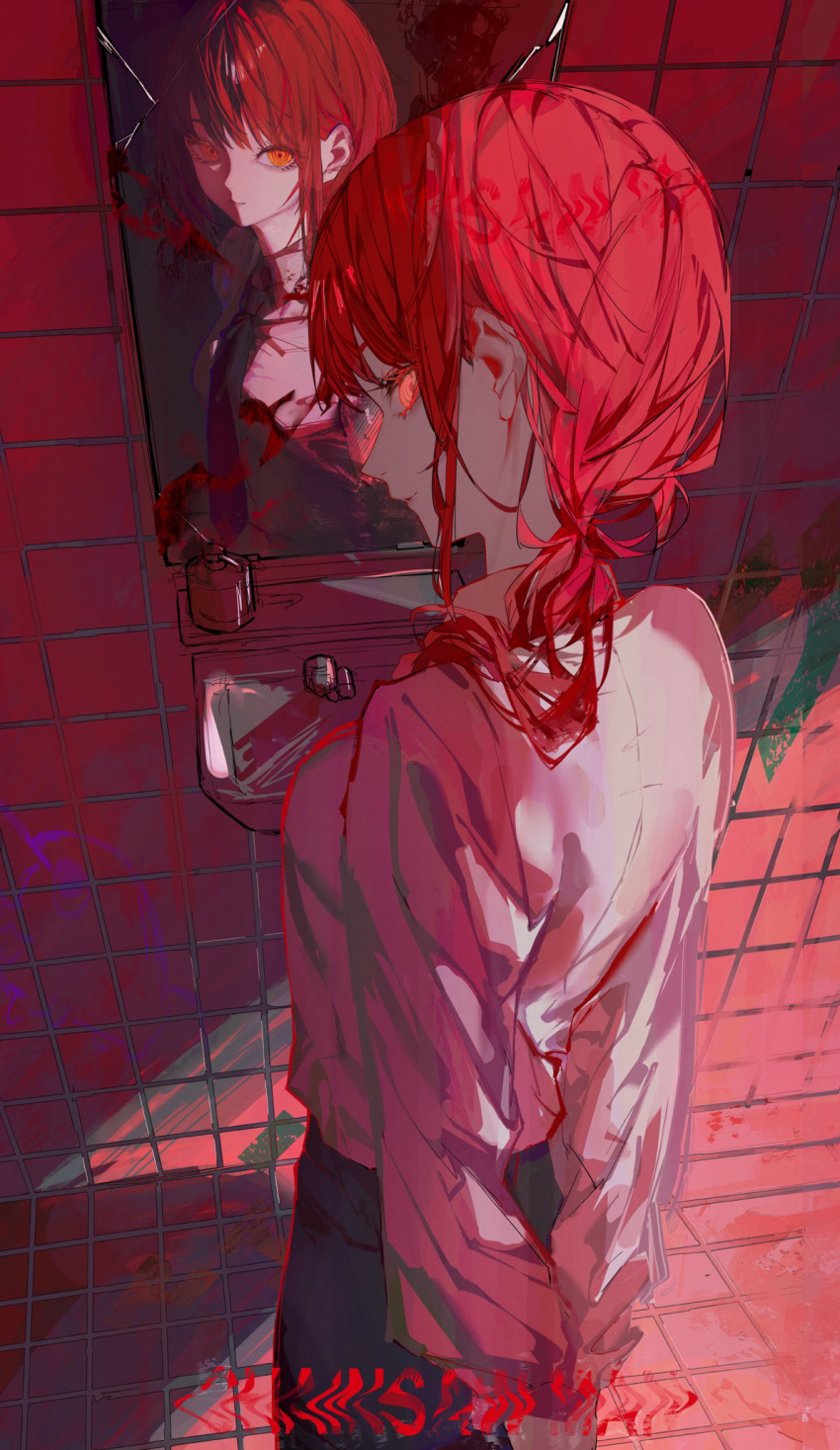 1girl, arms_behind_back, bathroom, black_necktie, blood, blood_on_mirror, braid, braided_ponytail