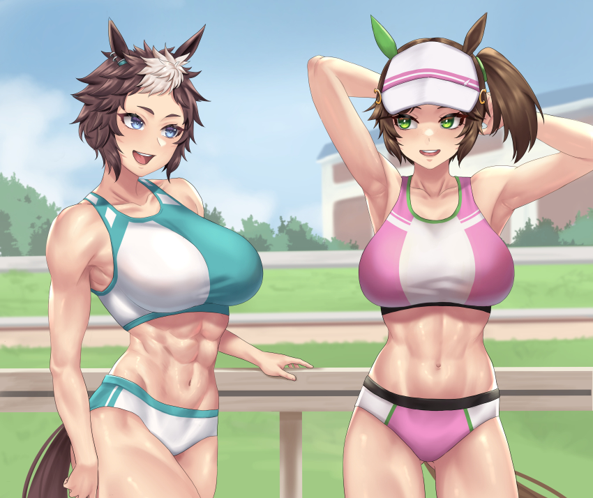 2girls, :d, abs, absurdres, animal_ears, armpits, arms_behind_head, bare_arms