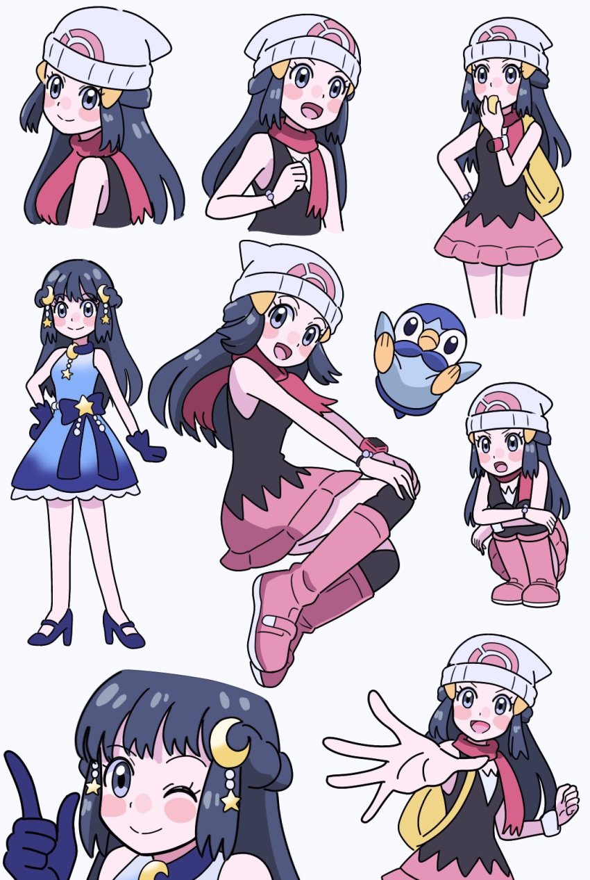 1girl, beanie, black_shirt, black_socks, blonde_hair, blue_eyes, boots, dawn_(pokemon)