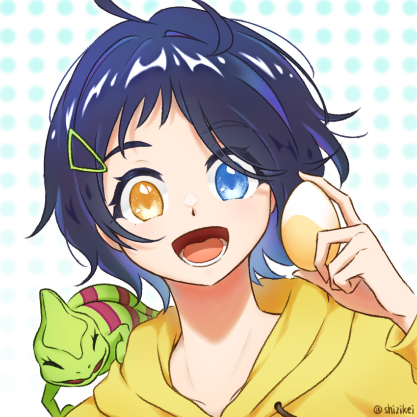 1girl, :d, artist_name, blue_eyes, blue_hair, egg, hair_ornament, hairclip, heterochromia, highres, holding, holding_egg, hood, hoodie, leon_(wonder_egg_priority), looking_at_viewer, ooto_ai, open_mouth, polka_dot, polka_dot_background, shizikei, simple_background, smile, solo, upper_body, wonder_egg_priority, yellow_hoodie