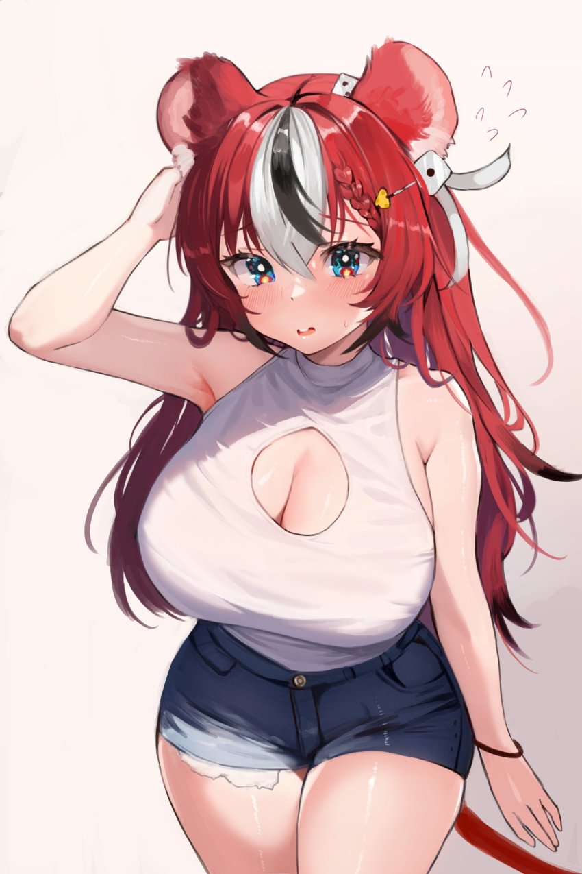 1girl, absurdres, alternate_breast_size_(larger), animal_ears, arm_up, blush, braid, breasts