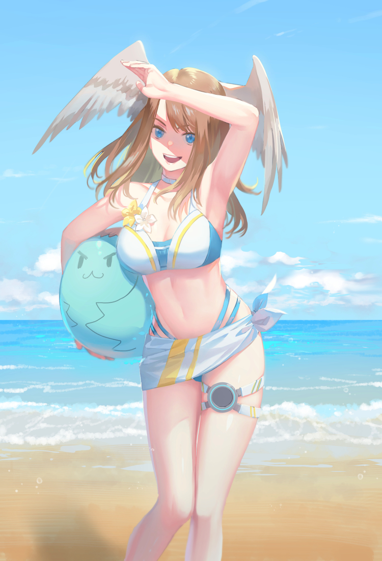 1girl, ball, beach, bikini, blue_eyes, breast_tattoo, breasts, brown_hair