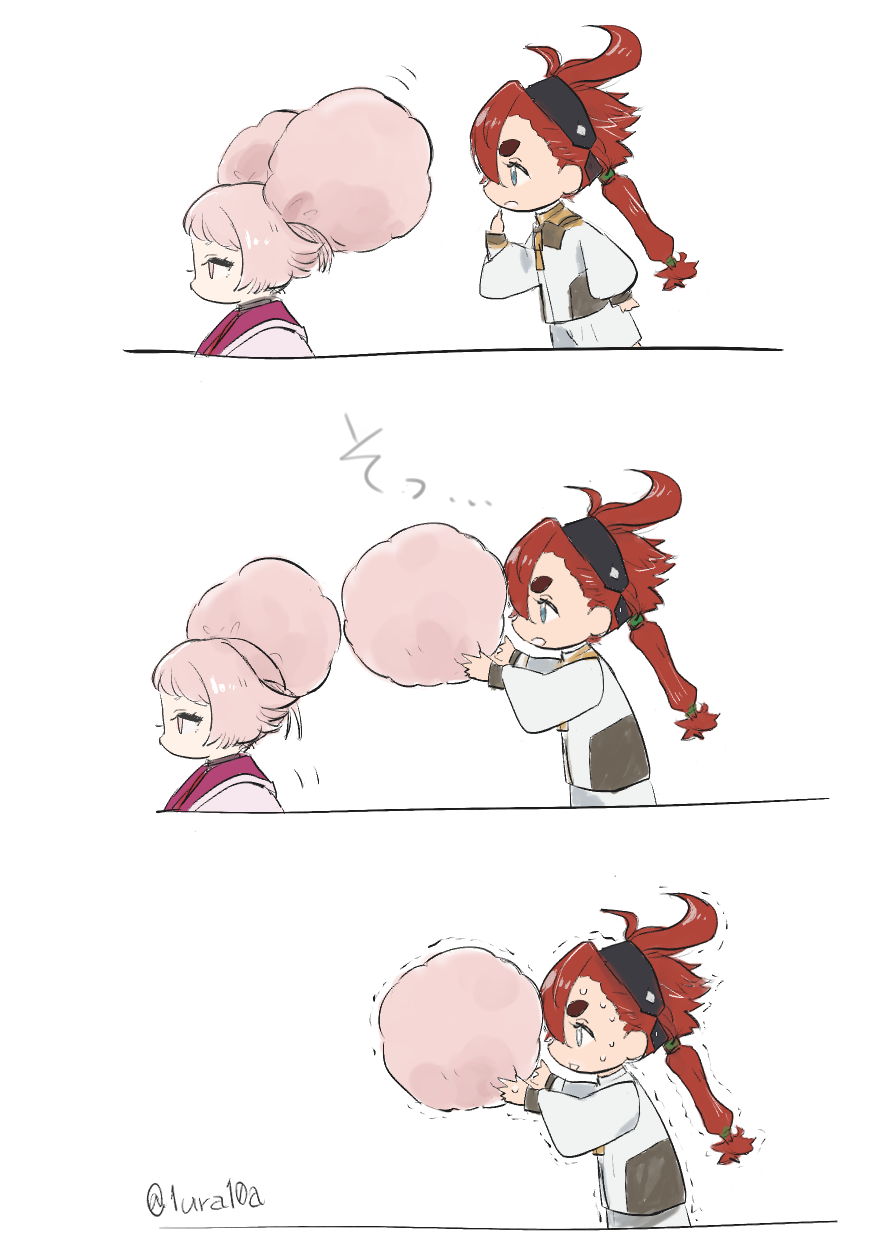 2girls, afro_puffs, black_hairband, blue_eyes, chuatury_panlunch, detached_hair, double_bun, from_side, gundam, gundam_suisei_no_majo, hair_bun, hairband, highres, holding, holding_own_hair, ichiura, low_ponytail, multiple_girls, nervous_sweating, pink_eyes, pink_hair, ponytail, red_hair, shorts, suletta_mercury, sweat, trembling, twitter_username, white_background, white_shorts