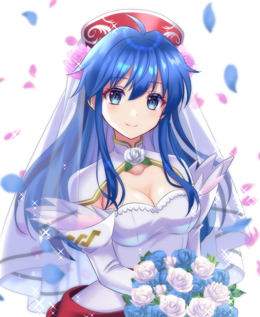 1girl, blue_eyes, blue_hair, bouquet, breasts, bridal_gloves, bridal_veil, bride