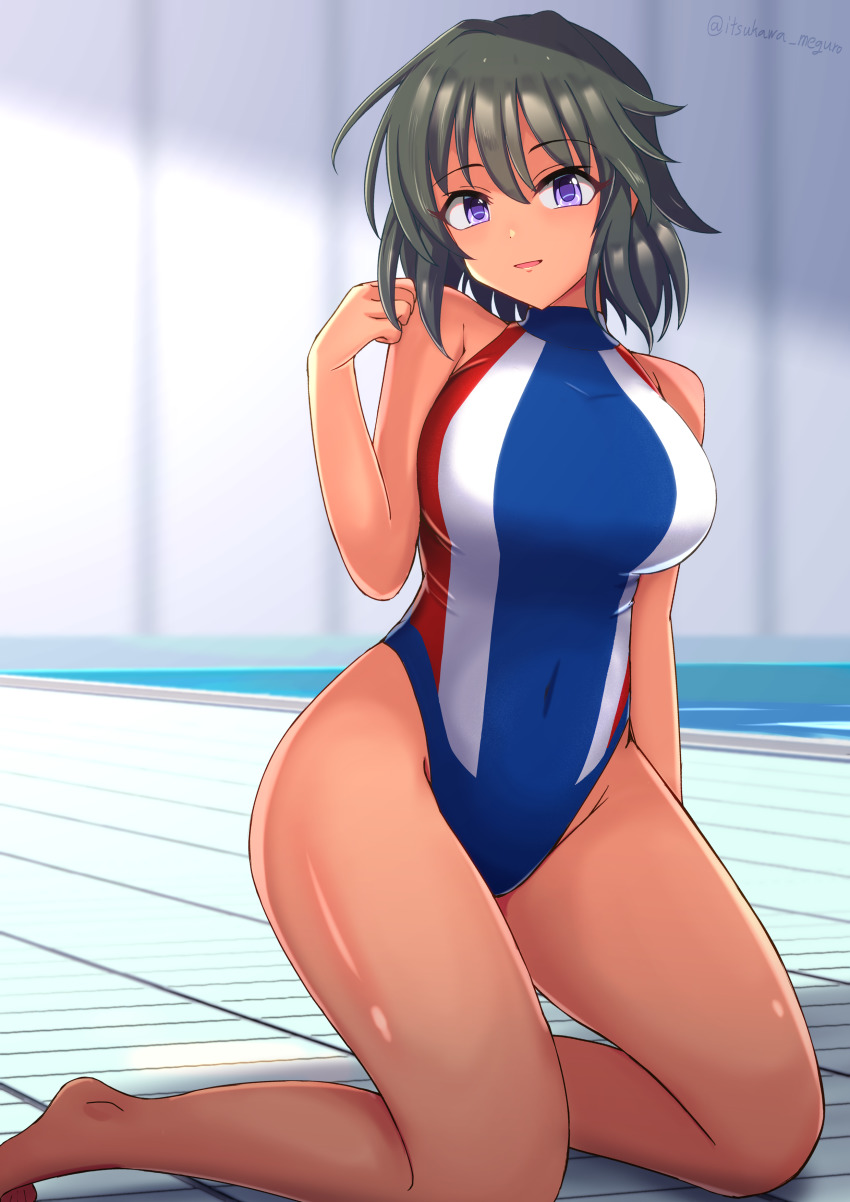 1girl, absurdres, black_hair, blue_one-piece_swimsuit, breasts, competition_swimsuit, dark-skinned_female, dark_skin