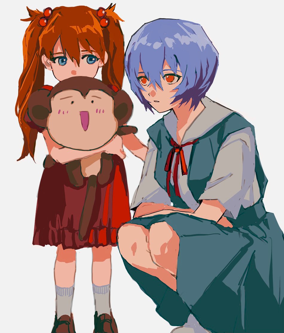 2girls, a12740807, alternate_hairstyle, ayanami_rei, blue_eyes, blue_hair, brown_footwear, child