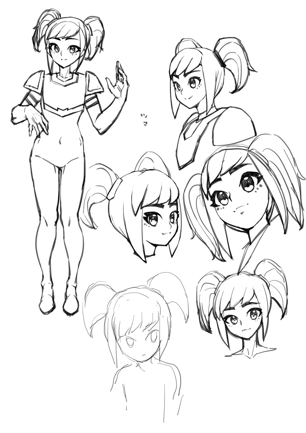 1girl, armor, bodysuit, chobi_kuma, closed_mouth, covered_navel, full_body, general_sweet_mayhem, greyscale, highres, looking_at_viewer, medium_hair, monochrome, multiple_views, shoulder_armor, sidelocks, simple_background, sketch, smile, the_lego_group, the_lego_movie, the_lego_movie_2:_the_second_part, twintails, white_background