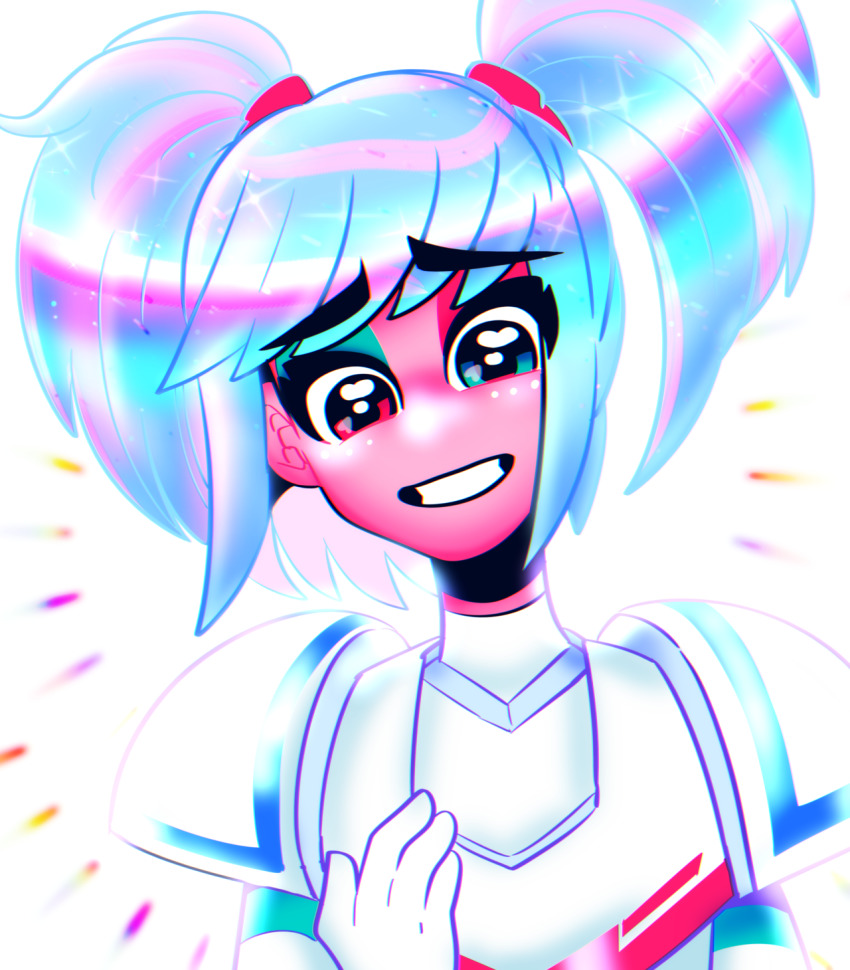 1girl, armor, blue_eyes, blue_hair, bodysuit, buckeywanderer, general_sweet_mayhem, heterochromia